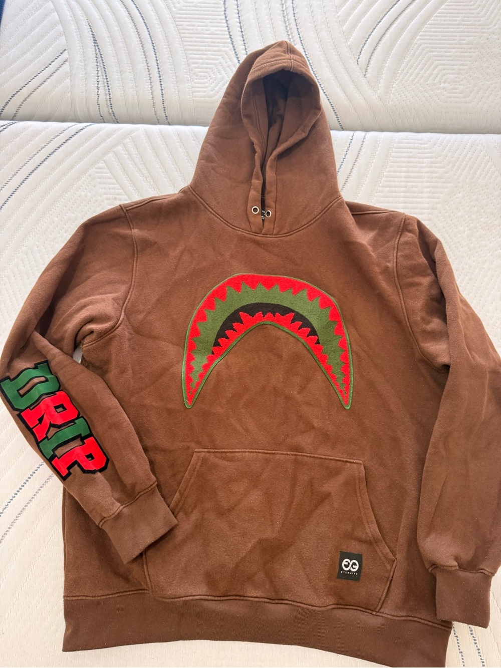 Brown Graphic Pullover Hoodie with Red & Green Shark-Mouth Accent